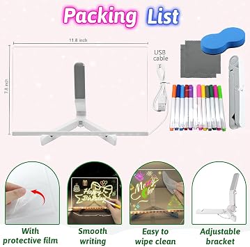 Led Note Board with Colors, Led Light Up Acrylic Message Board 12 Colors Pen/Stand/Eraser, Led Drawing Writing Board for Kids, Arts Doodle Note Board for Office School Home (30x20CM)