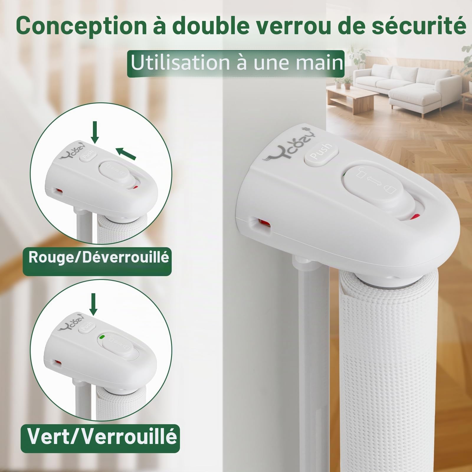 Ycozy Barriere de Securite Retractable 0-300cm, Barriere Chien/Chat, Opération à Une Main, Barriere de Securite Enfant sans Percage, pour Escaliers, Couloirs, Cuisine, Intérieur et Extérieur