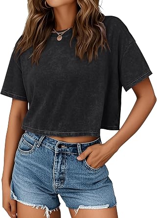 Trendy Queen Womens Crop Tops Short Sleeve T-Shirts Summer Clothes 2026 | Acid Wash Shirts Stretchy Breathable Material Casual Comfy Workout Baggy Cute Soft Tees