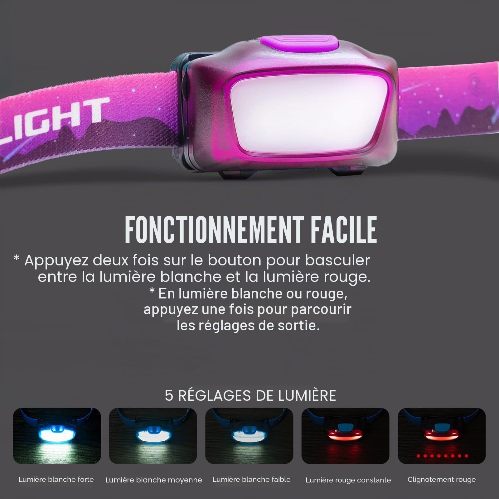 OLIGHT H05 Lite Lampe frontale LED, lampe frontale légère à 5 modes avec bandeau réglable, alimentée par 2 piles AAA, équitation (rose)