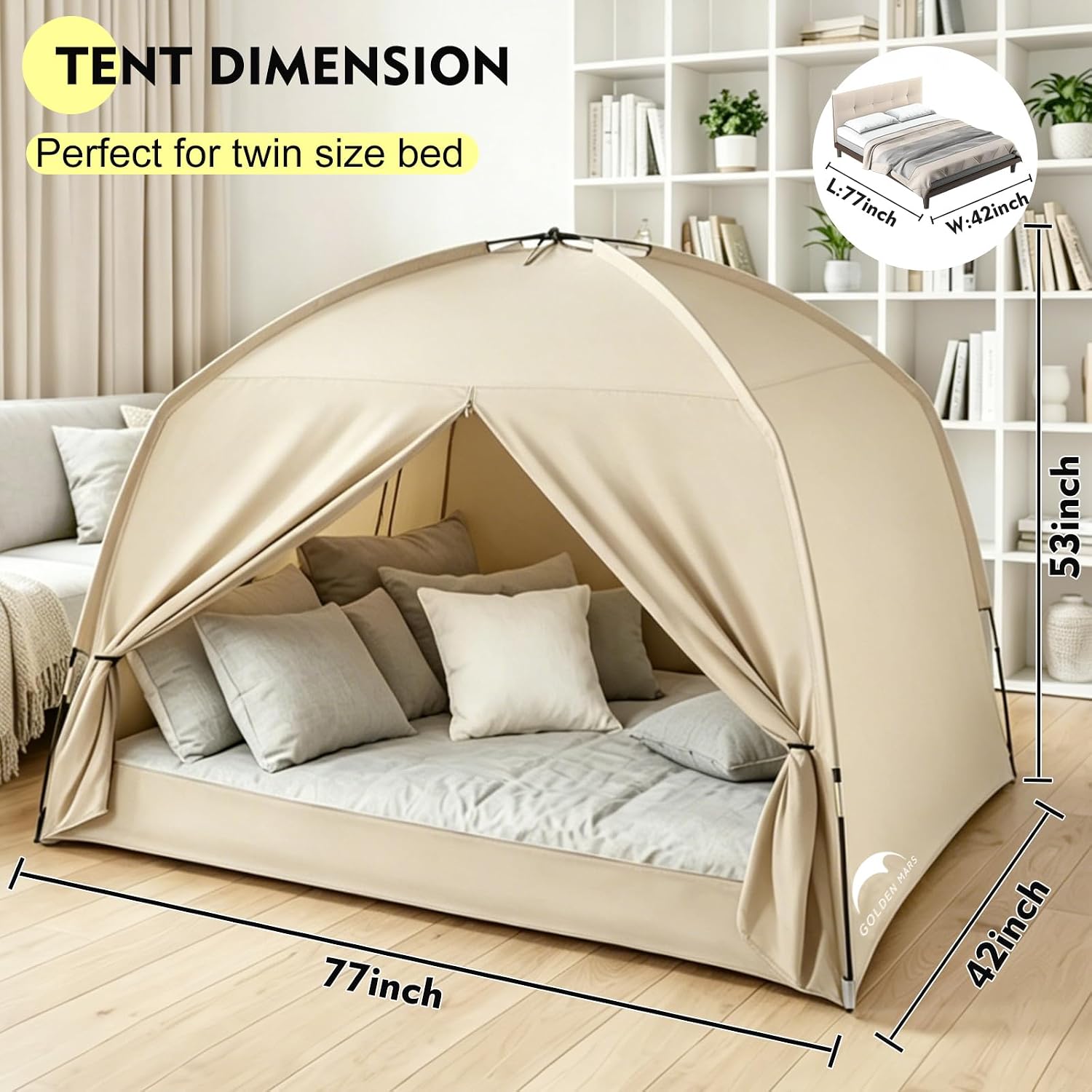 Bed Tents for Kids and Adult, Portable 100% Breathable and 85% Blackout Toddler Dream Play Tent, 3 Doors Big Privacy Space Sleeping Canopy for Floor or Twin Full Queen Sizes Bed (Khaki, Twin-Size)