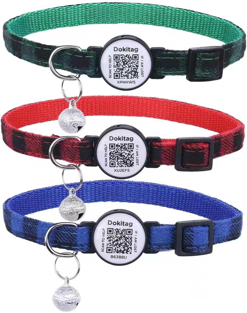 3pack Cat Collar Breakaway with QR Code Name Tag,Pet ID Tag,Collar with Bells,Scan QR Receive Instant Pet Location Alert Email (Green & Red & Blue)