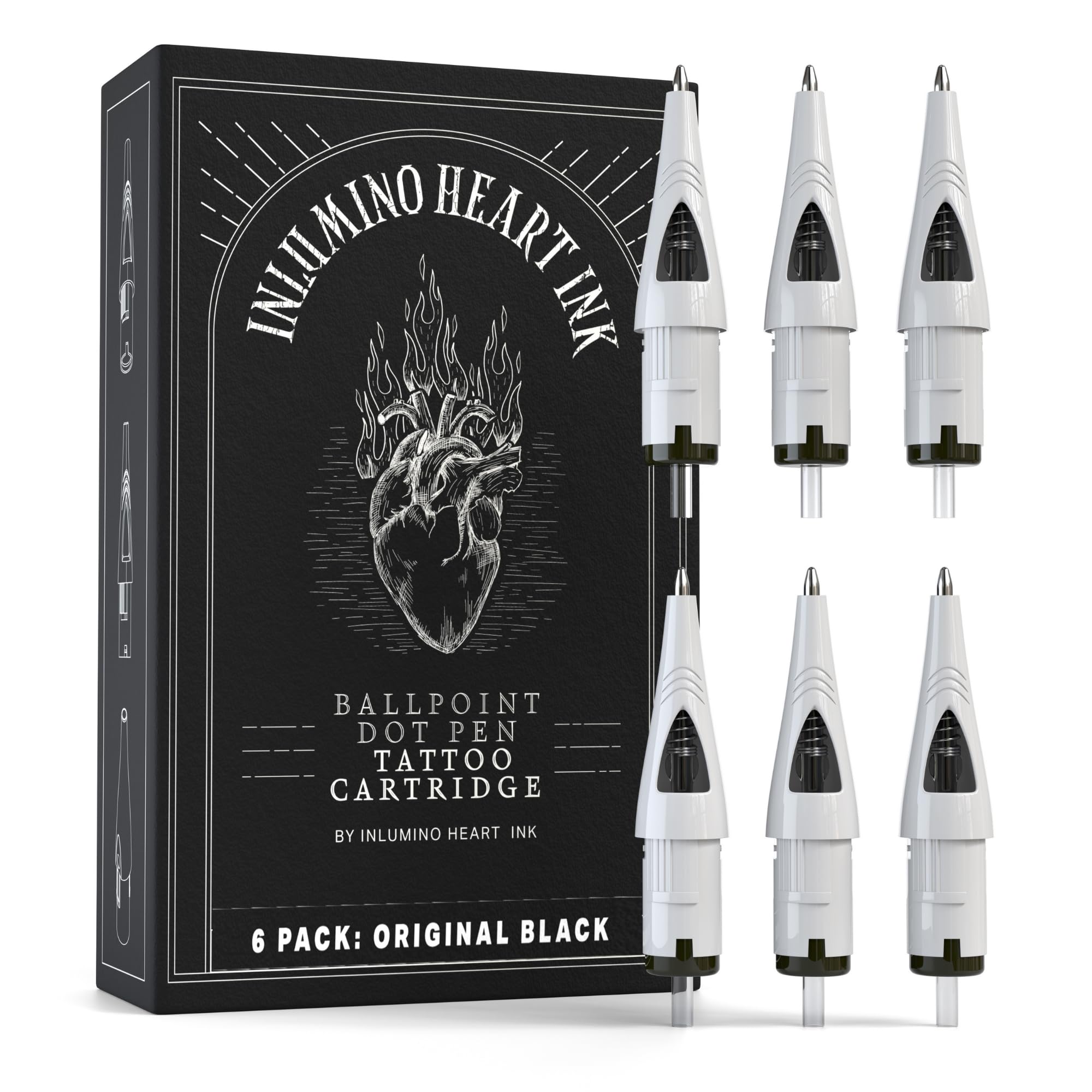Inlumino Heart Ink Ballpoint Pen Cartridges – Original Black Ink (6-Pack) – Tattoo Practice Cartridges for Rotary Tattoo Machines – Oil-Based Ink for