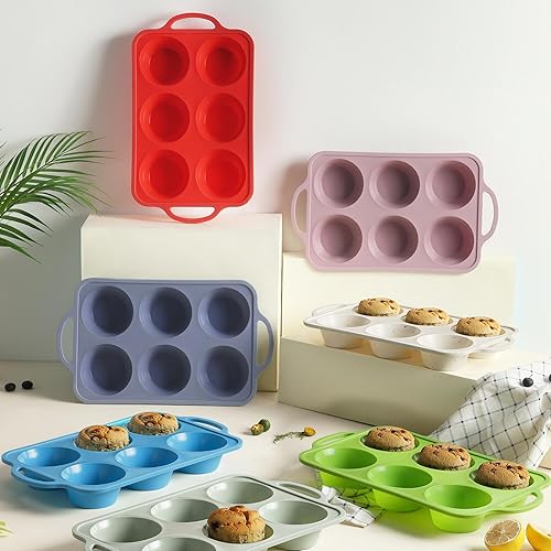 Miniatura 8 de 2 paquetes de 6 tazas de silicona para magdalenas con marco reforzado de metal, bandeja para magdalenas de tamaño gigante, moldes de galletas para