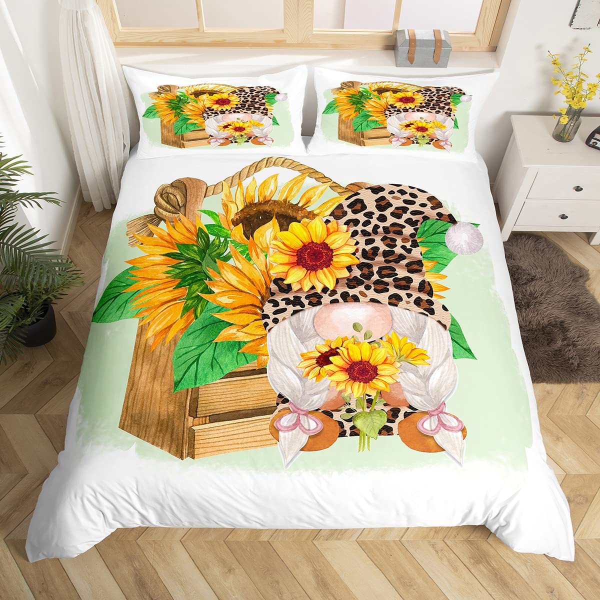Homewish Boys Multi 27 Sunflower Gnome Duvet Cover For Kids Girls Leopard Dwarf Bedding Set King Size Rustic Sunflower Plants Comforter Cover Spring Fall Harvest Bed Cover With 2 Pillow Sham
