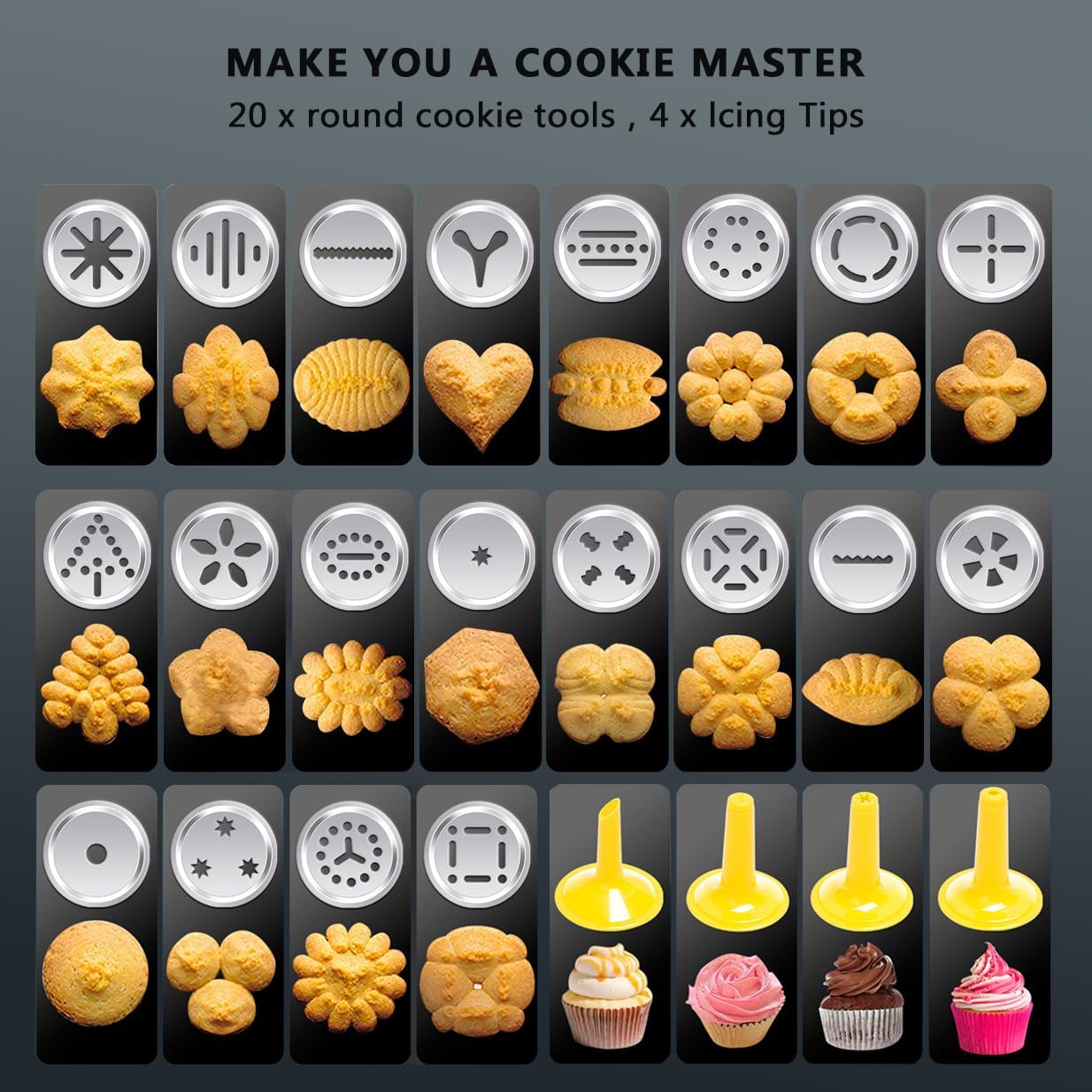 Multi functional cookie press, aluminum alloy cookie press gun, 20 cookie press templates, and 4 frosting heads, used for baking or cookie making and cake frosting