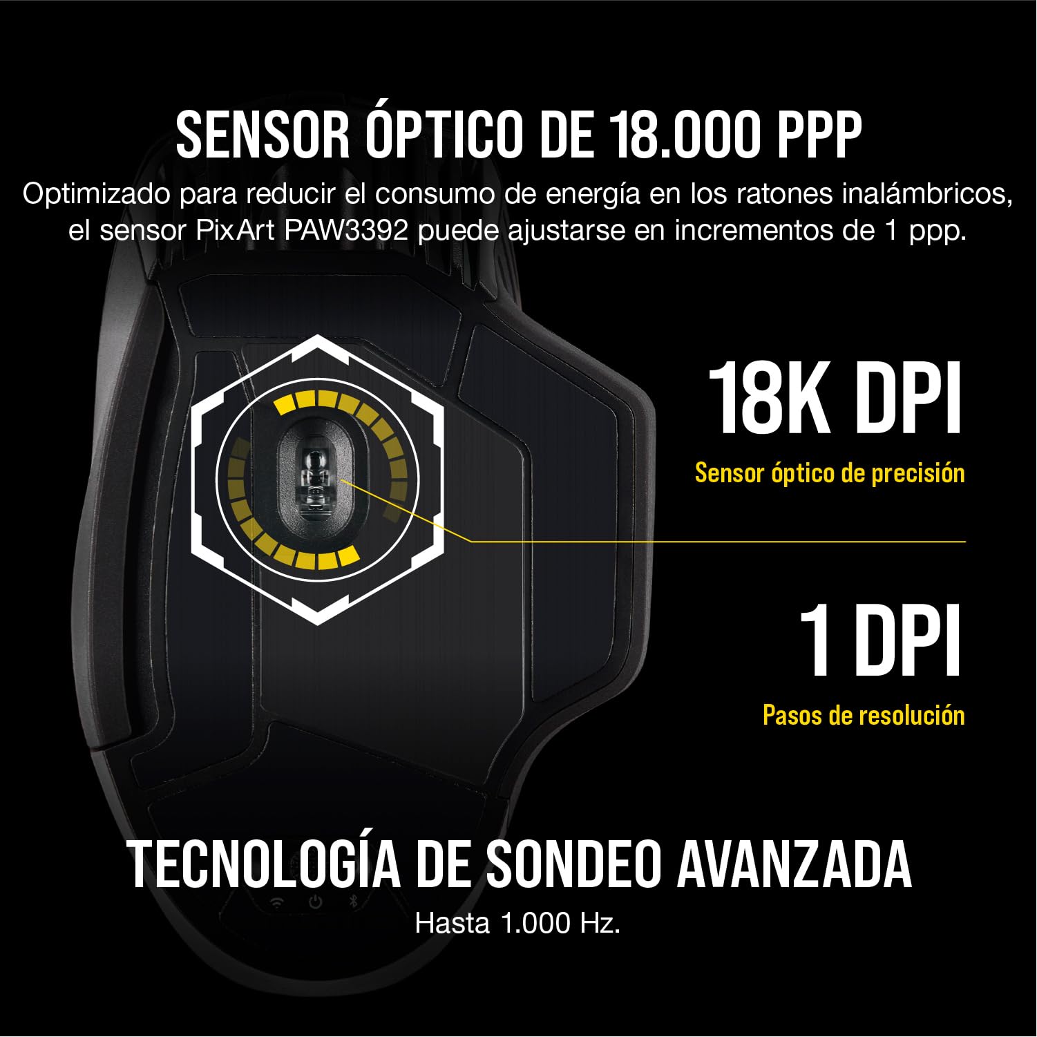 Corsair Dark Core RGB Pro SE Ratón Inalámbrico para Juegos FPS/MOBA con Carga Inalámbrica Qi - 18.000 PPP - 8 Botones Programables - Inalámbrico Sub-1ms - iCUE - Negro