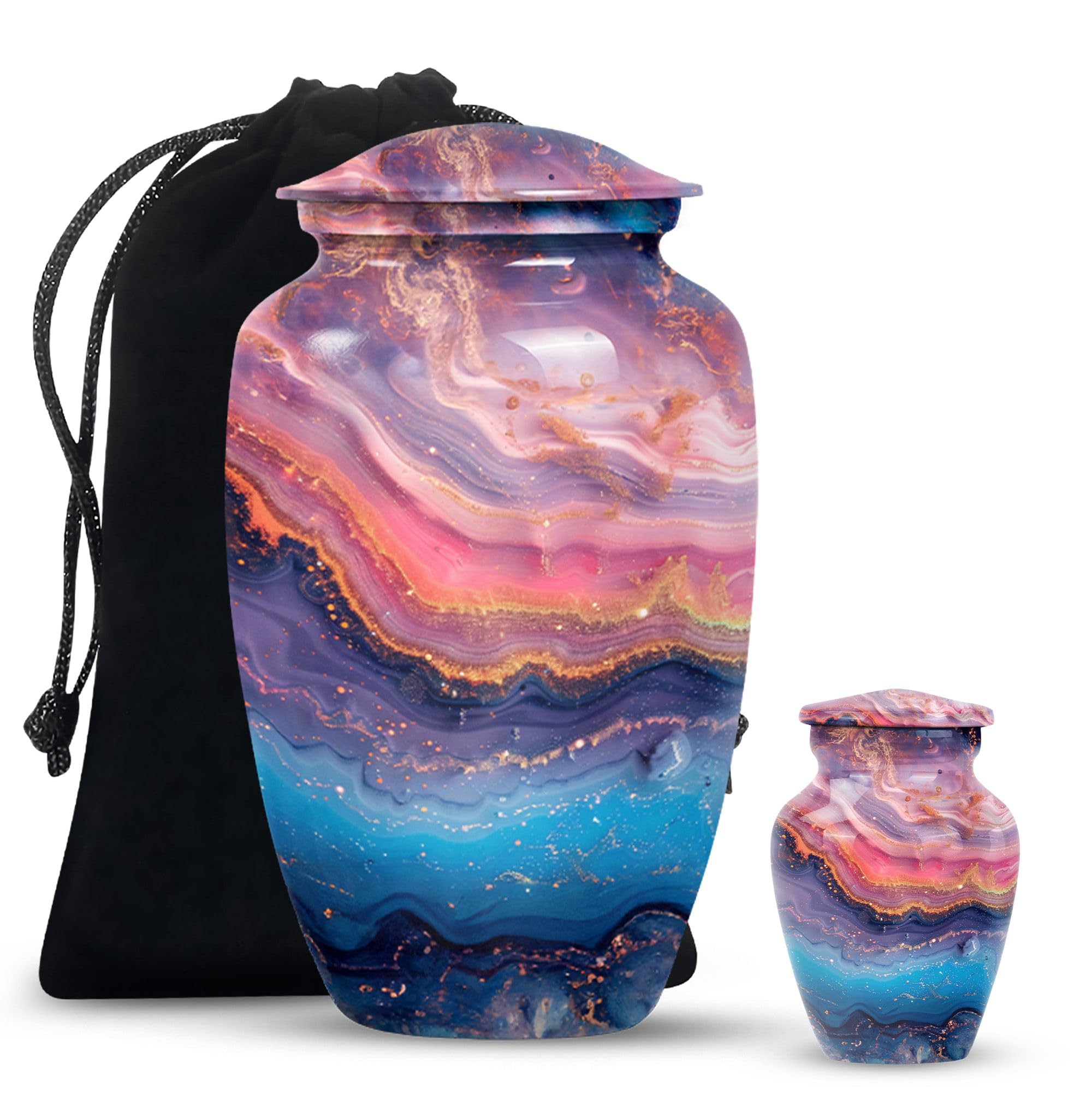 Galactic Sunset - Ash Urn - Cremation Urns for Men - Combo of 1 Large Urn with Velvet Bag and 1 Small - Memorial Ash Urn - Funeral Urn - Urn Adult Human Ashes - Keepsake Urn for Human Ashes