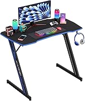 Vista 1 de PayLessHere Mesa de juego de 39 pulgadas Azul Escritorio para computadora en forma de Z con marco de acero, gancho para auriculares, pies