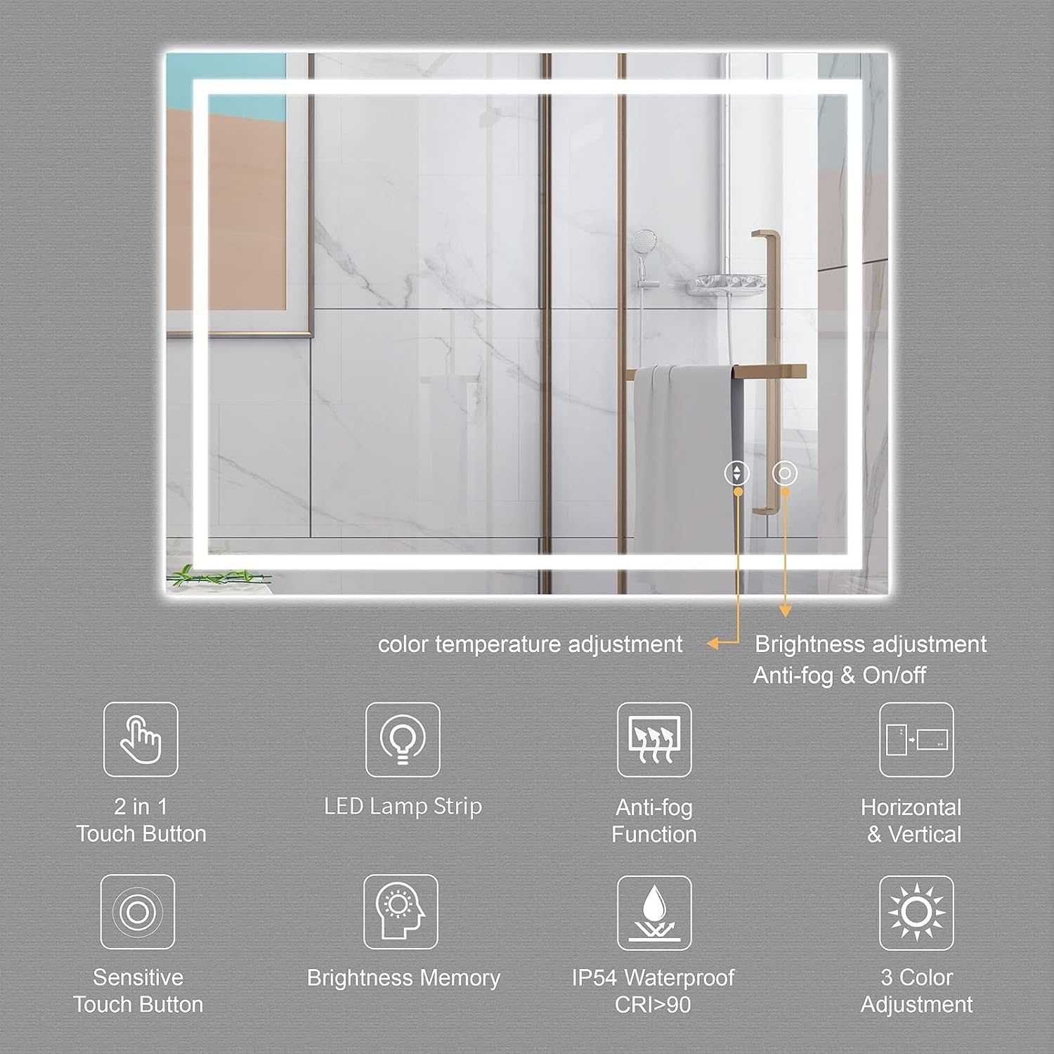 Dripex Miroir de Salle de Bain avec Éclairage 60x80cm, 30Watts Miroir LED Anti-buée, 3 Couleurs et Dimmable, Interrupteur Tactile, Antidéflagrant, Fonction Mémoire, IP44 Étanchéité