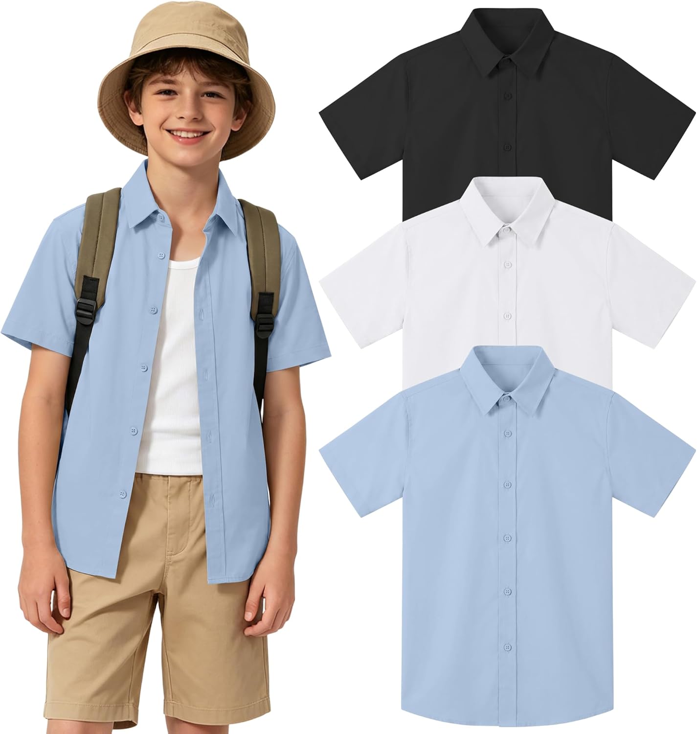 3 Pack Boys' Short Sleeve Dress Shirts Kids Solid Button-Down Shirts Collared Solid Button up School Uniform Tops