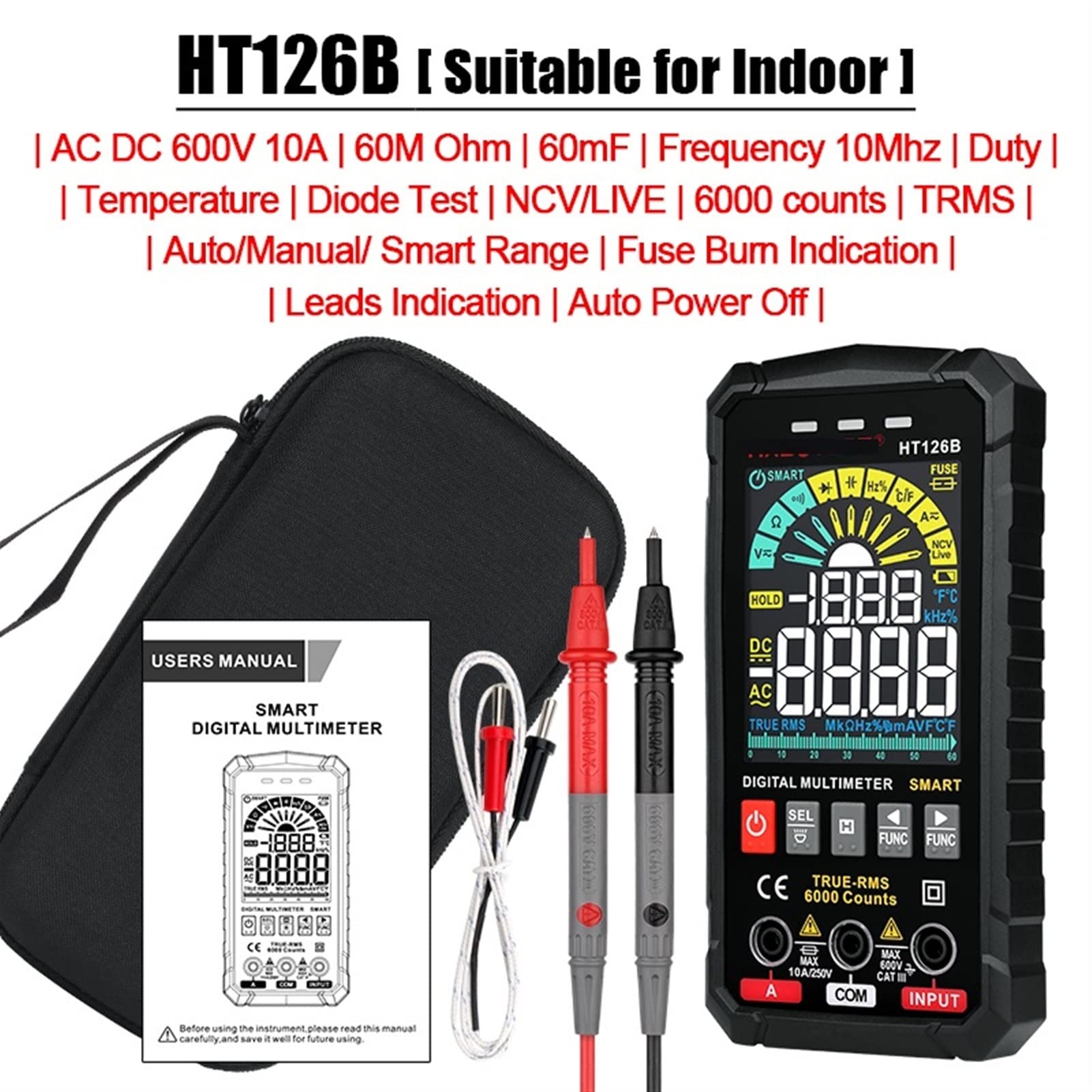 EDEDE Tester Batteria Professionista Digitale multimetro di 5a Generazione TRMS CC DC. Corrente di Tensione Ohm 60mf Hz Fai da Te Tester del Metro Elettricista(HT126B Multimeter)