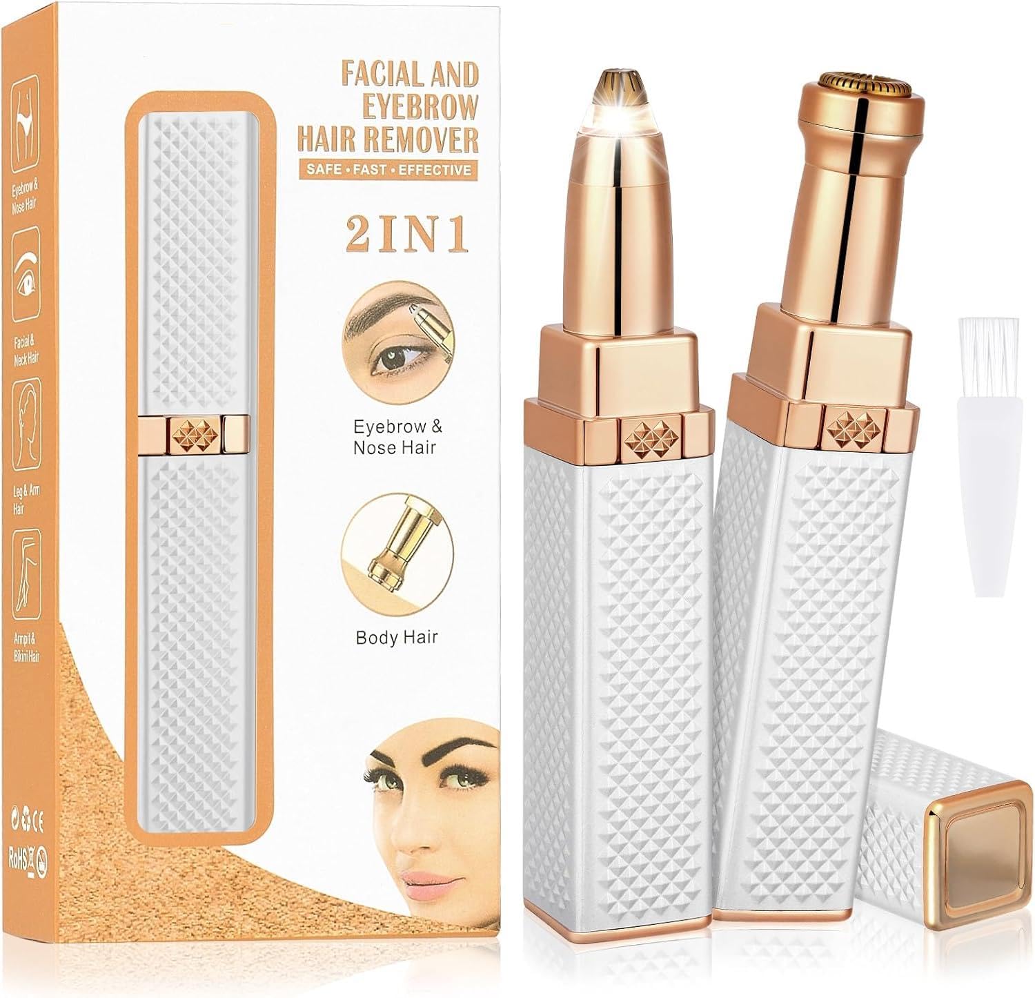 LOPHE Depiladora Facial Mujer, 2 en 1 Afeitadora Eléctrica Femenino, Recortadora de Cejas, Recargable, Dispositivo para Vello de Labios con luz LED, Depilador sin Dolor para Cuerpo (Blanco)