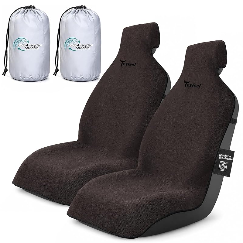 Capa-toalha para banco dianteiro TESFEEL com camada impermeável, tecido atoalhado 410 GSM, Café Escuro, kit com 2