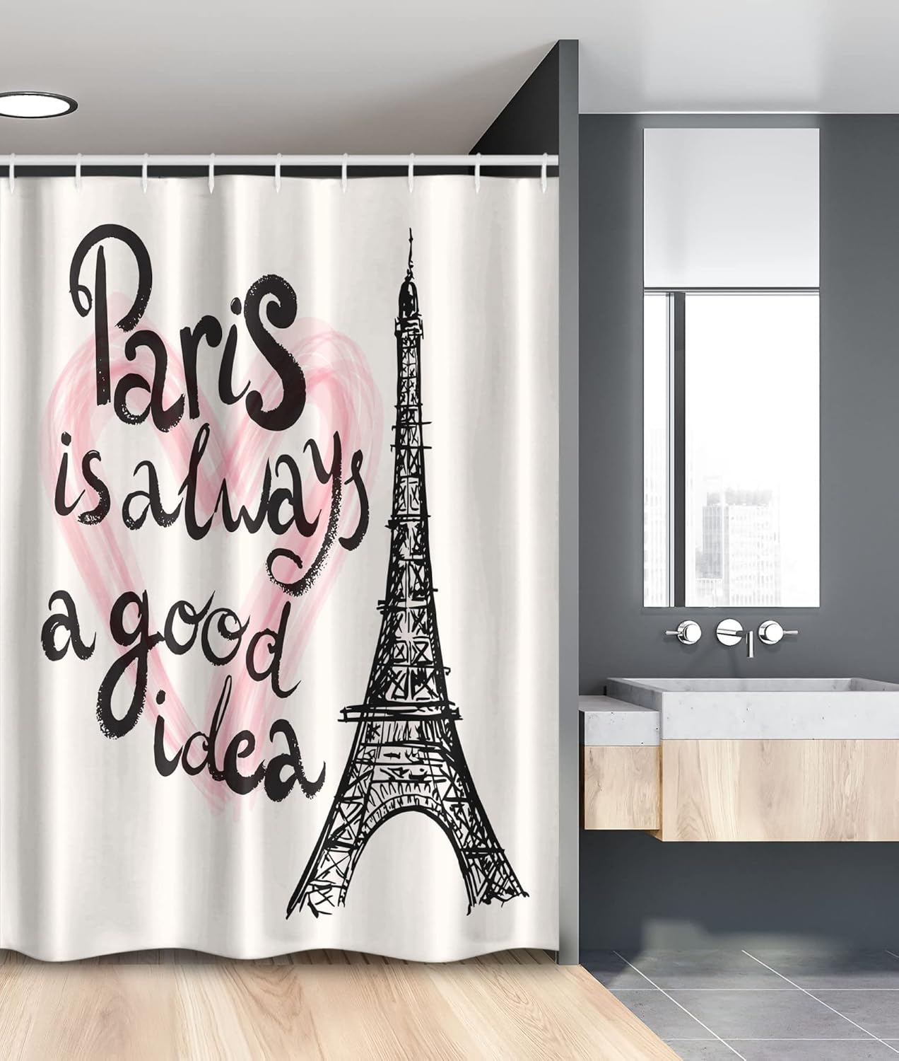 Ambesonne Eiffel Tower Stall Shower Curtain, Lettering in Heart Modern Europe Dream Tour Sketch Illustration, Fabric Bathroom Decor Set with Hooks, 54" W x 78" L, Cream Pink Black