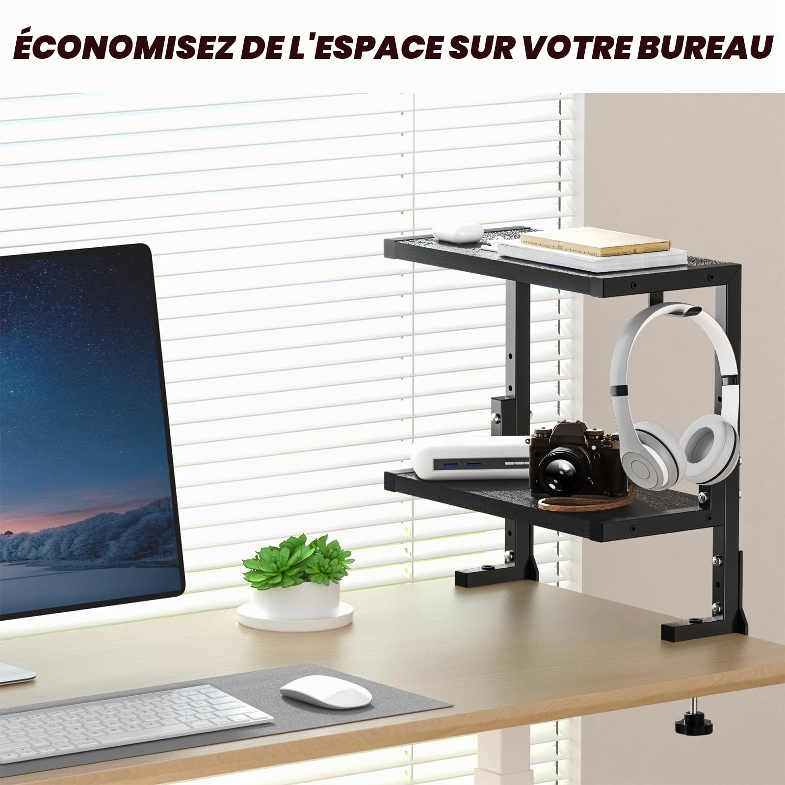 PUTORSEN Organisateur de Bureau à Pince de 15 Pouces, Étagère de Table à 2 Niveaux Au-Dessus ou en Dessous avec Espace Personnalisé pour Les Accessoires de Bureau, etc, Etagere Cuisine, Noir