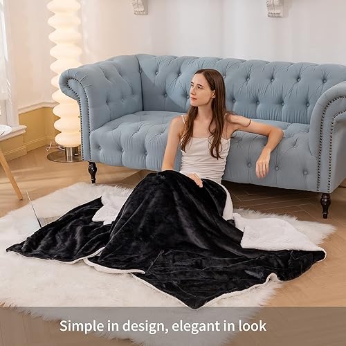 Miniatura 3 de Aisbo Manta cálida individual  Manta reversible de franela Sherpa extra gruesa negra para cama de tamaño individual, manta de invierno de felpa