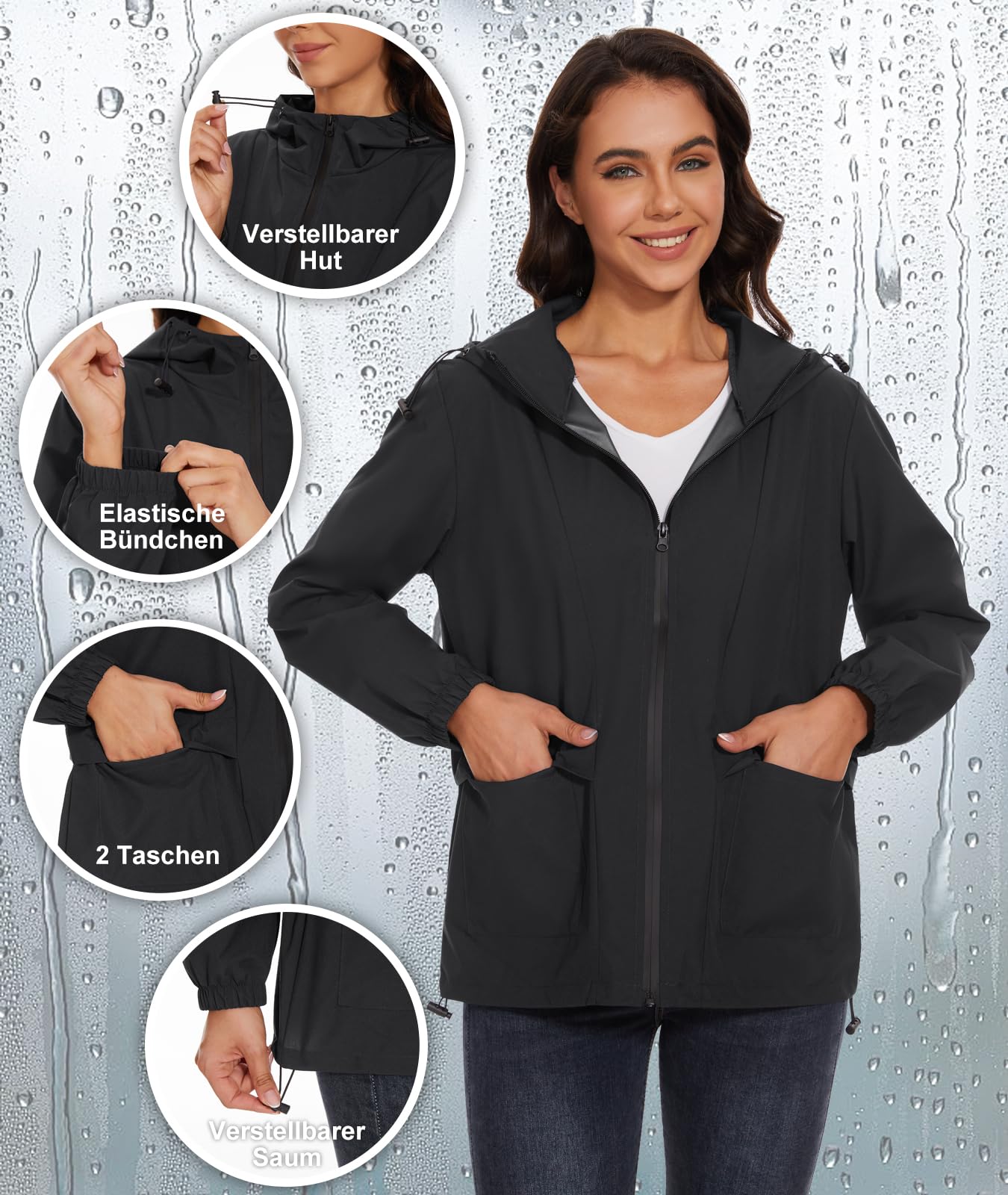 Damen Wasserdichte Faltbar Regenjacke mit Kapuze Reflektierende Fahrradjacke für die Nacht Leicht Wasserdicht Windbreaker Jacke