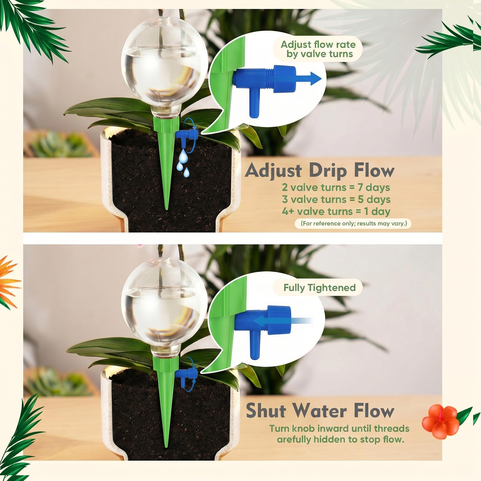 12 sfere autoirriganti per piante da 500 ml, per interni ed esterni, regolabili, in plastica, per riempire le piante, sistema di irrigazione automatica, sistema di punte, paletti (verde)