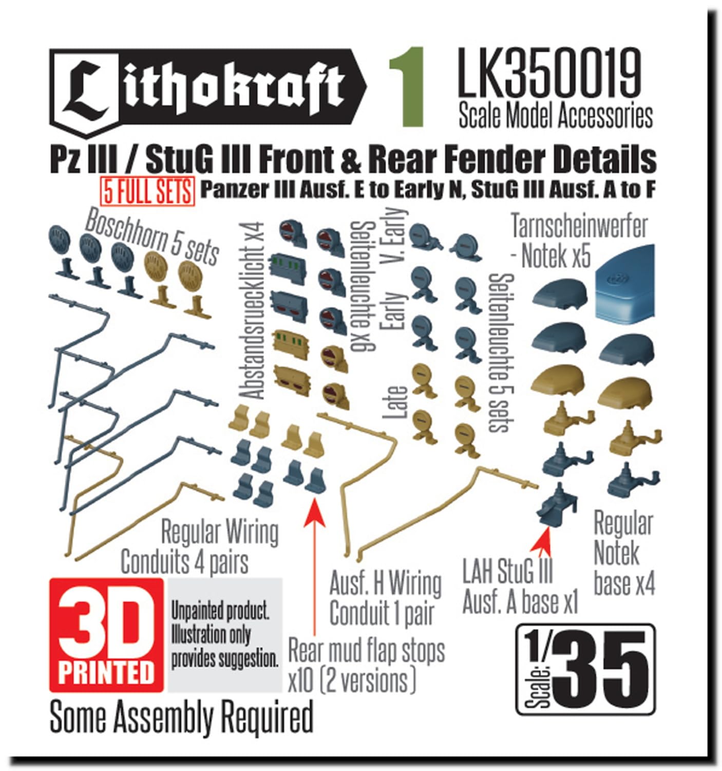 Lithocraft LK350019 1/35 WW2 - Juego de 5 piezas para modelo de plástico para tanque alemán III/III, pistola de asalto delantera y trasera