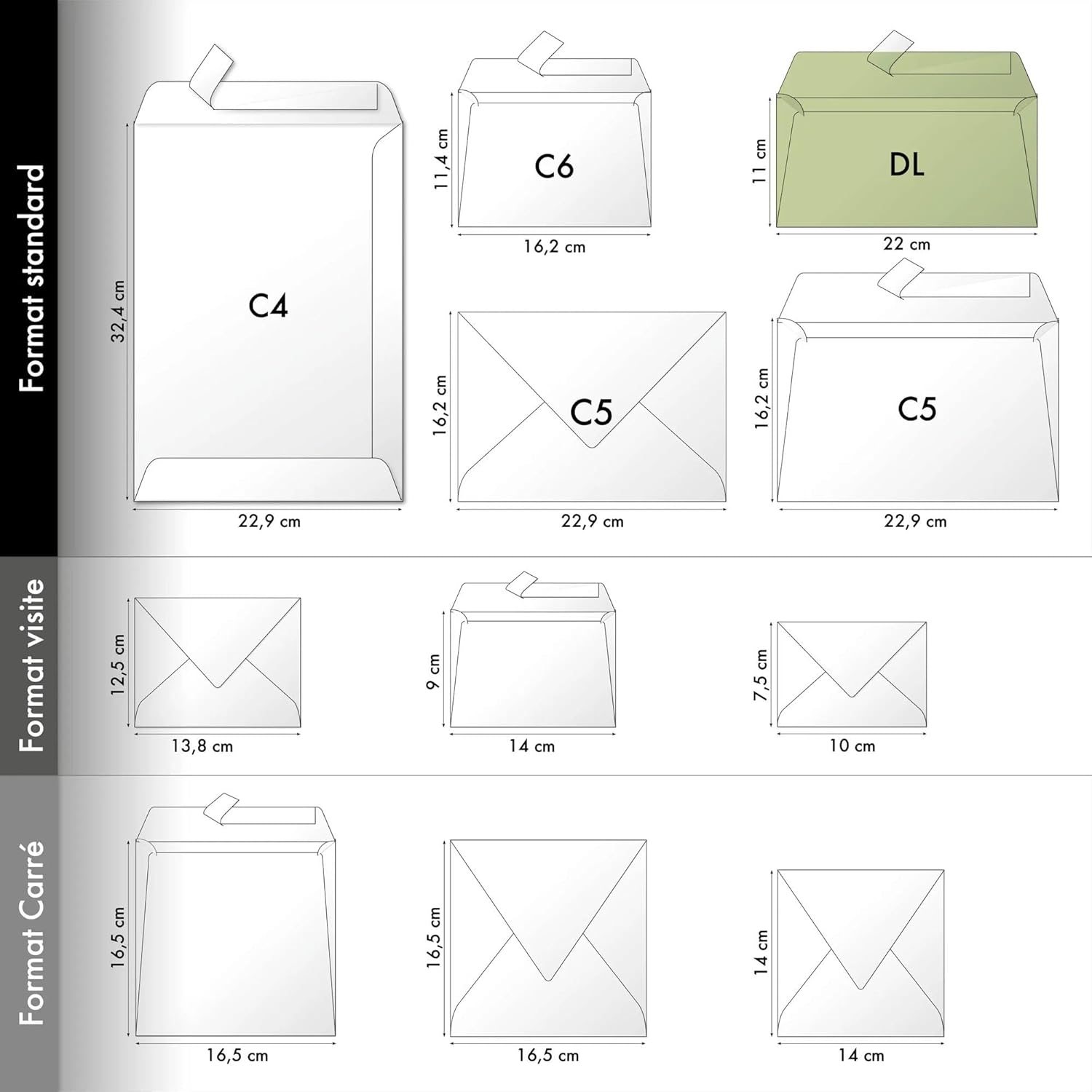Clairefontaine 5075C Pack of 20 Self-Adhesive Envelopes - DL Size 11 x 22 cm - 120 g/m² - Sage Green - Invitation for Events and Correspondence - Pollen Range - Smooth Premium Paper