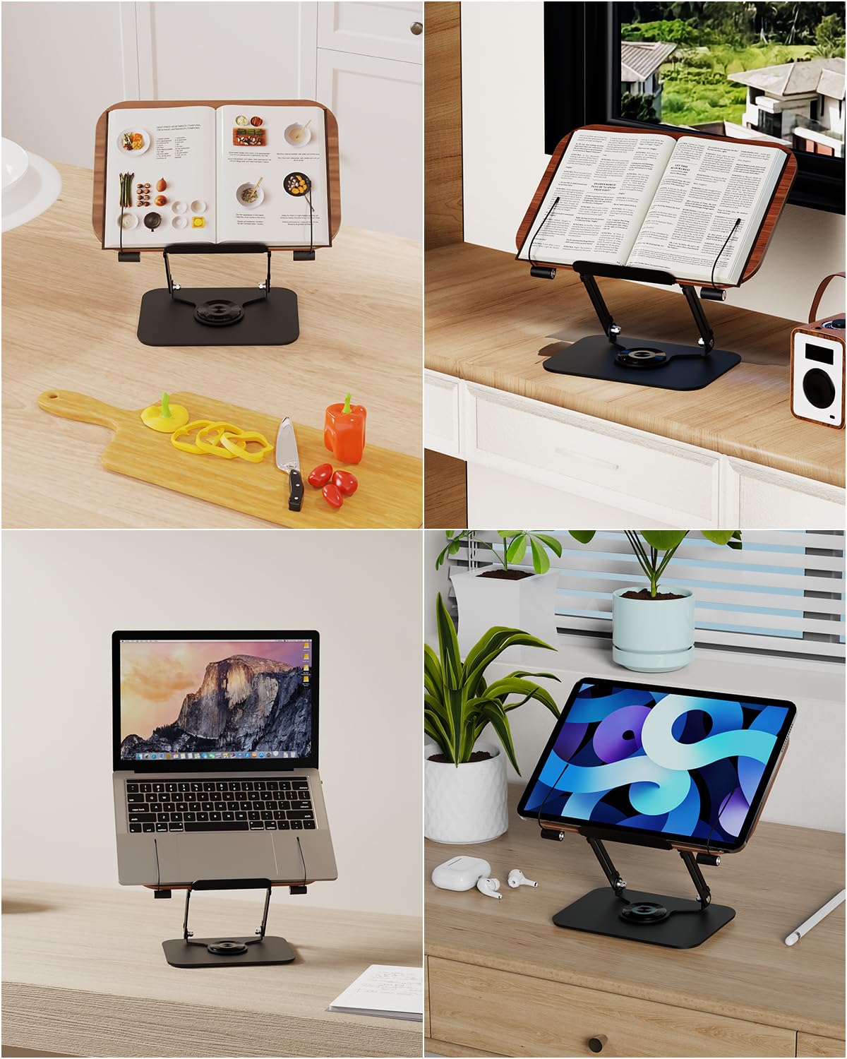 Soporte de lectura para libros, soporte de madera para leer, soporte giratorio de 360° con abrazaderas laterales para cocina, escuela, oficina, partituras musicales, Kindle, tableta, Biblia