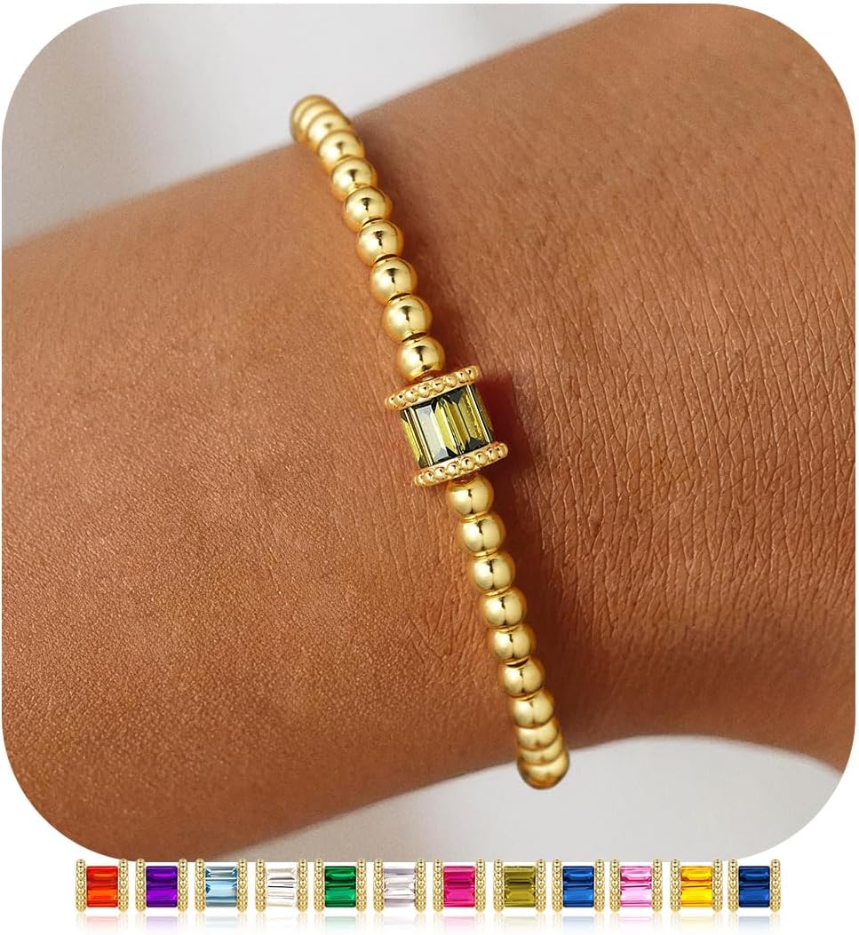 M MOOHAM Valentines Gifts for Her Girls - Birthstone Gold Beaded Bracelets for Women, Dainty Elastic 14K Real Gold Plated Bracelets Trendy Non Tarnish Friendship Birthday Jewelry Gifts for Women