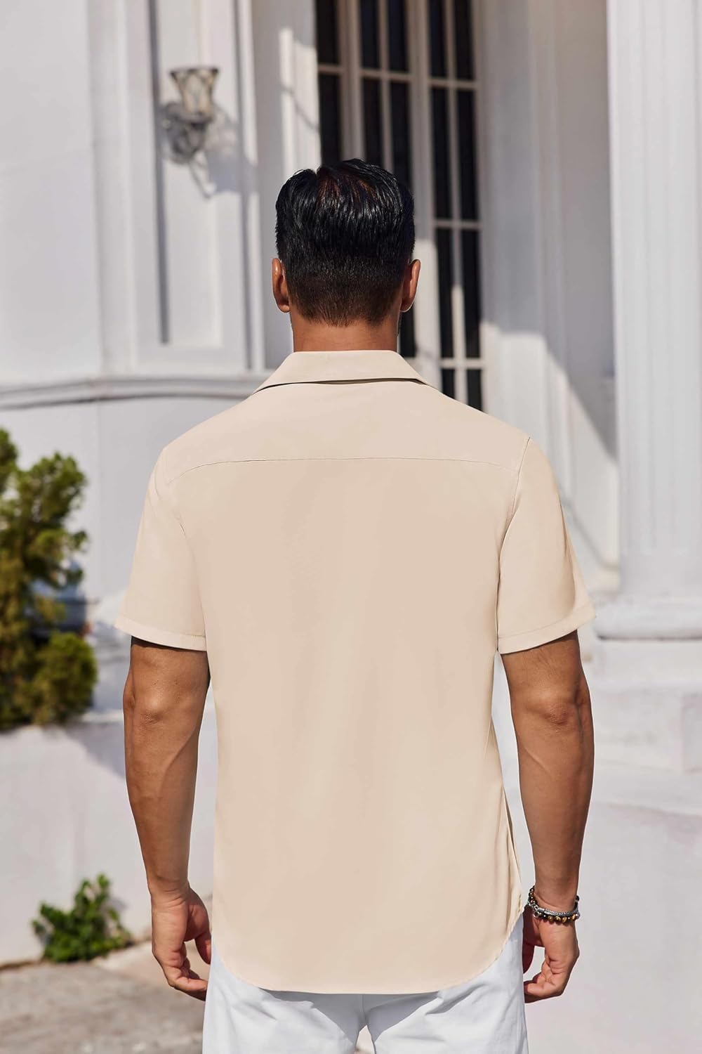 COOFANDY Men's Dress Shirts Short Sleeve Button Down Shirts Business Casual Summer Beach Tops, Beige, L - Image 3