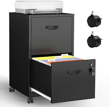 2 Drawer Mobile File Cabinet with Lock, Black Metal Filing Cabinets with Wheels, Vertical Rolling File Cabinet Fit Hanging Files, Letter and A4 Documents