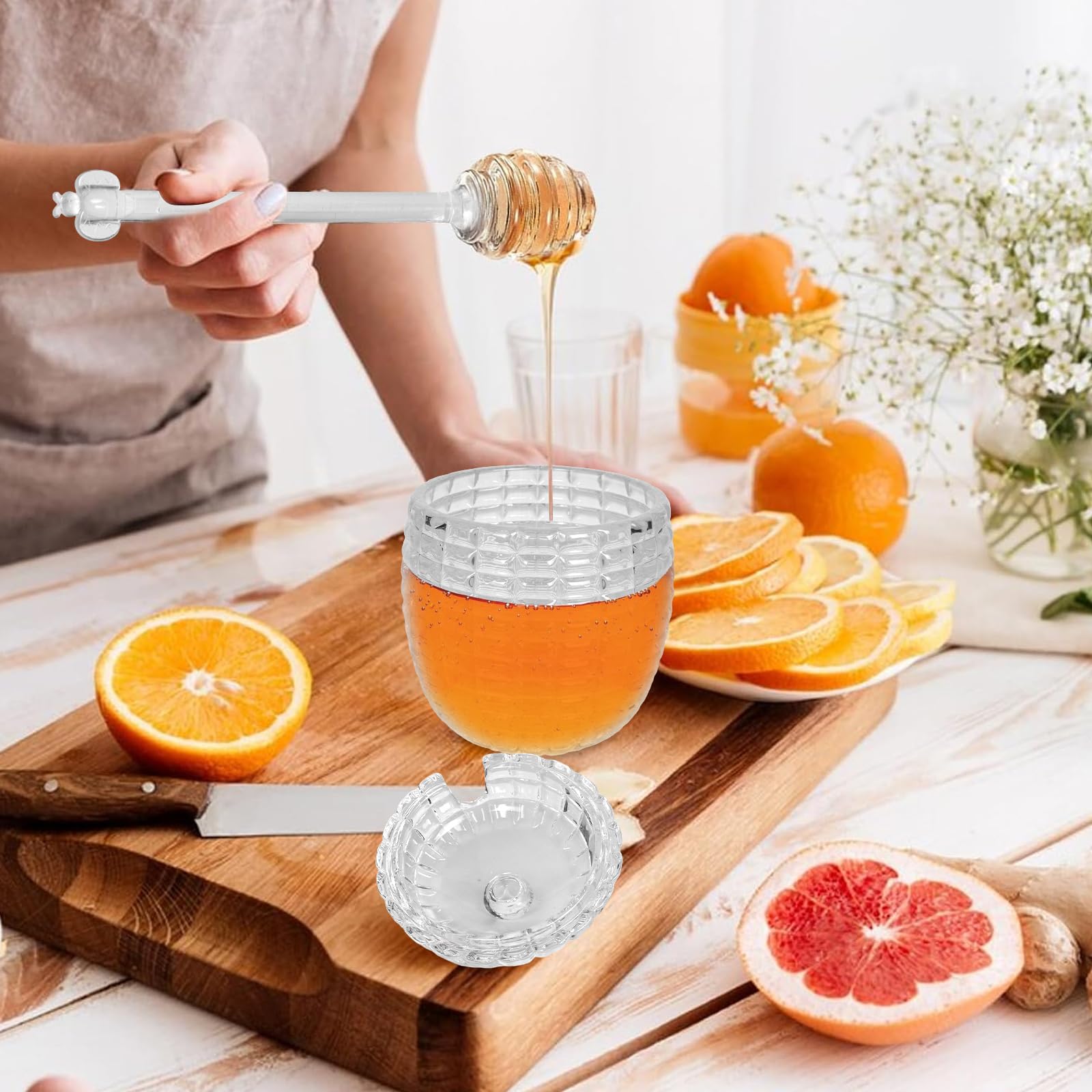 Pot à Miel En Verre Borosilicate 400 G Avec Louche - Couvercle Motif Abeille, Pour Sirop, Caramel, 14,2 Cm