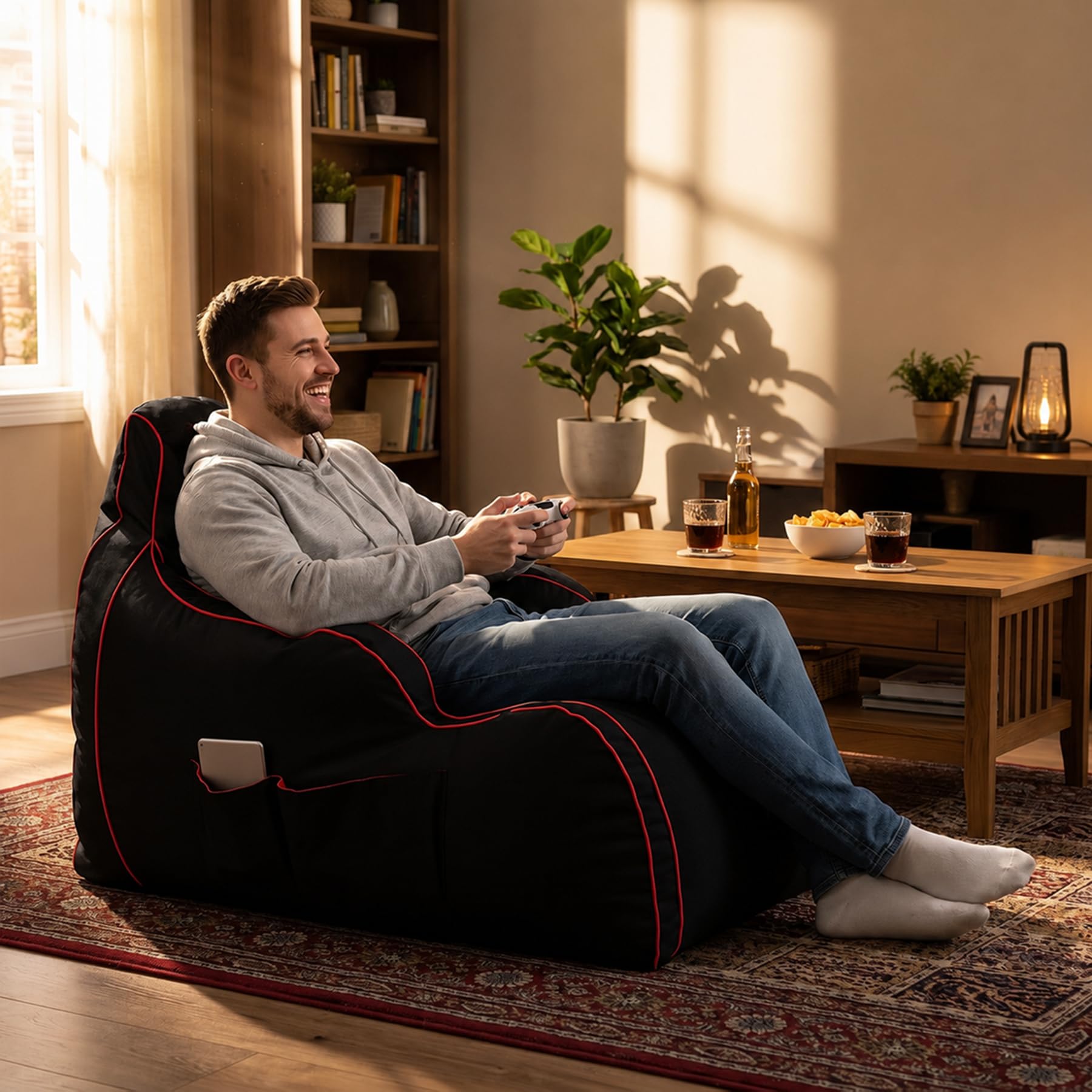 Game Over Bean Bag Chaise Longue per Video Gaming | Puff Poltrona Sacco | Per Soggiorno e Interni | Tasche Laterali per Controller | Supporto per Cuffie | Design Ergonomico (Cremisi elettrico)
