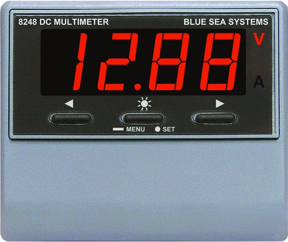 BLUE SEA SYSTEMS Digital DC MultiMeter w/Alarm, MFG# 8248, Displays -500 to +500Amps, 0-60 VDC, Operates w/Negative Side of Circuit Only (Shunt Shifter (# 8242) Req'd for Positive Side Installation (i.e., Alternators), For Use w/12-42 VDC. Fits 2" diameter hole / BS-8248 /