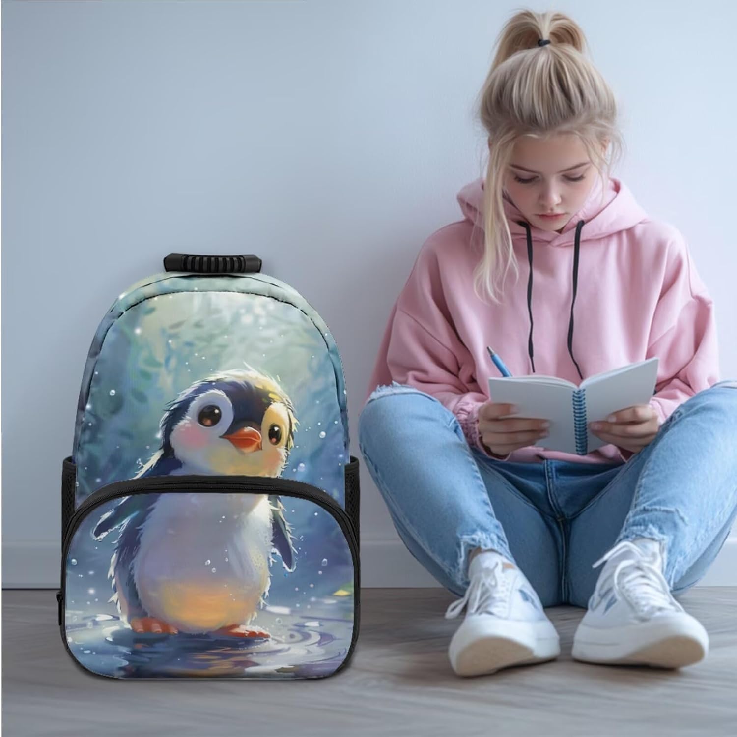 Penguin Cute Backpacks for Teen Girls Backpack and Lunch Box Set 4 in 1 Kids Back Pack with Front Pocket Casual Daypacks School Bags for Primary Elementary Middle High School Girls