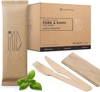 PURPLECLAY Wrapped Wooden Fork Knife and Napkin Sets, 100 Sets, UV Sanitized Individually Wrapped FSC Certified Birchwood, Eco Friendly Plastic Free for Take Out, Catering, Food Trucks