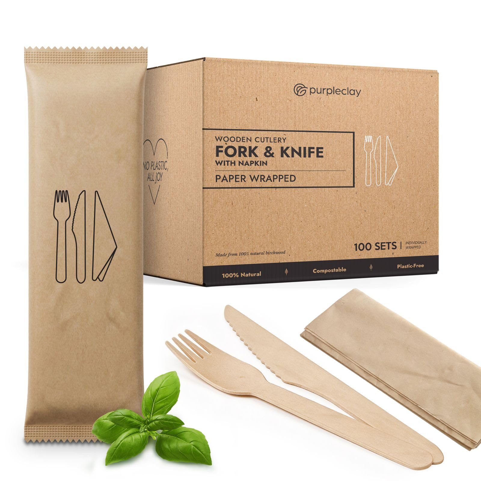 PURPLECLAY Wrapped Wooden Fork Knife and Napkin Sets, 100 Sets, UV Sanitized Individually Wrapped FSC Certified Birchwood, Eco Friendly Plastic Free for Take Out, Catering, Food Trucks