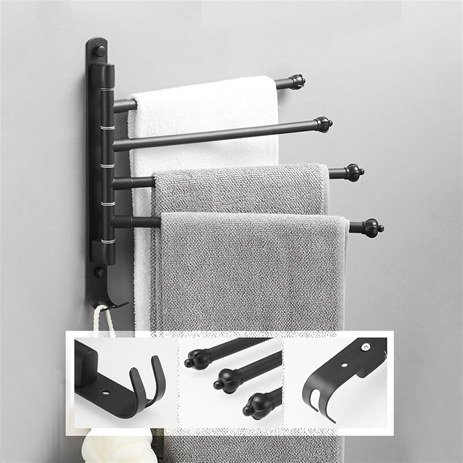 Hook Bathroom Swivel Towel Bar with Hooks, Wall Mounted Swivel Arm Towel Rack Stainless Steel Black Towel Rail Holder with 4 Arms