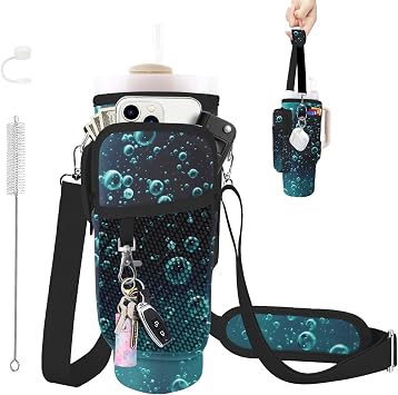 Water Bottle Carrier Bag for Stanley Cup 40/30oz, Neoprene Water Bottle Holder Pouch with 3 Pocket Adjustable Shoulder & Hand Strap