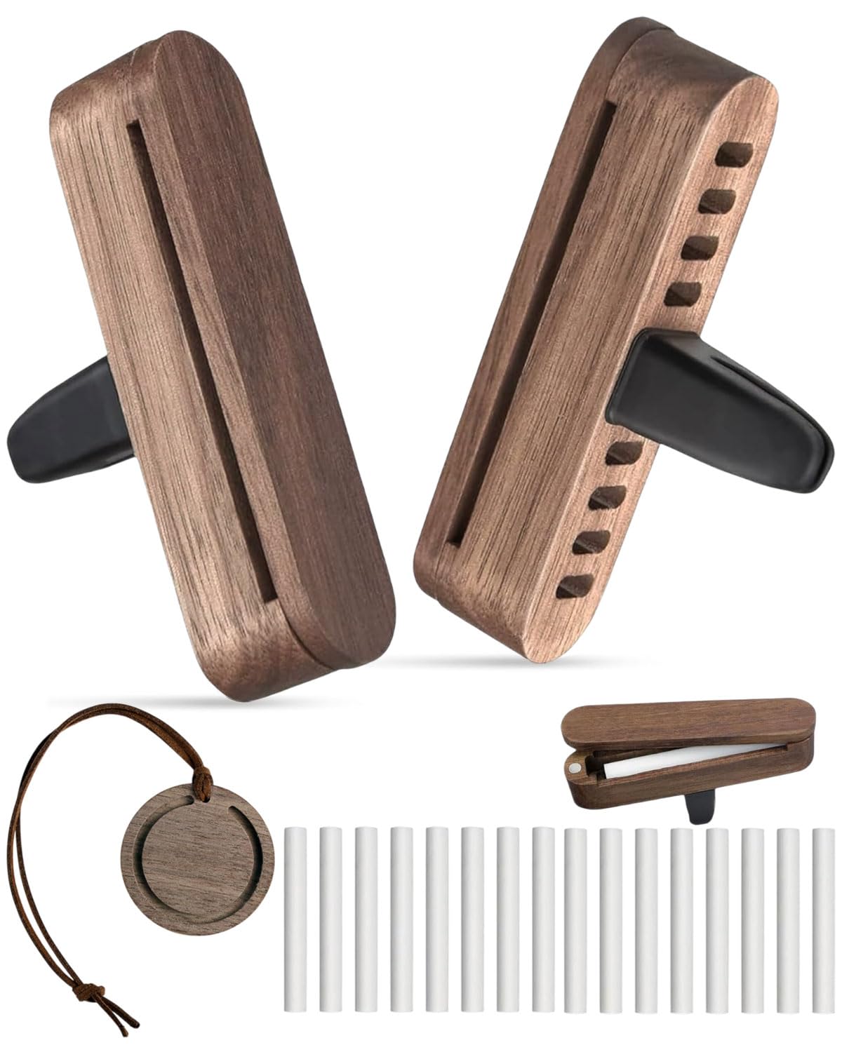 Natürlicher Holz Auto Diffusor für Ätherische Öle 2 Stück mit 16 Nachfüllaufsätzen Aromatherapie