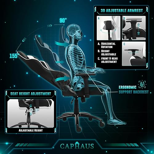 Miniatura 6 de CAPHAUS Silla para juegos de grado comercial, cilindro mejorado y reposabrazos 3D, Silla ergonómica de videojuegos, Silla de oficina de altura