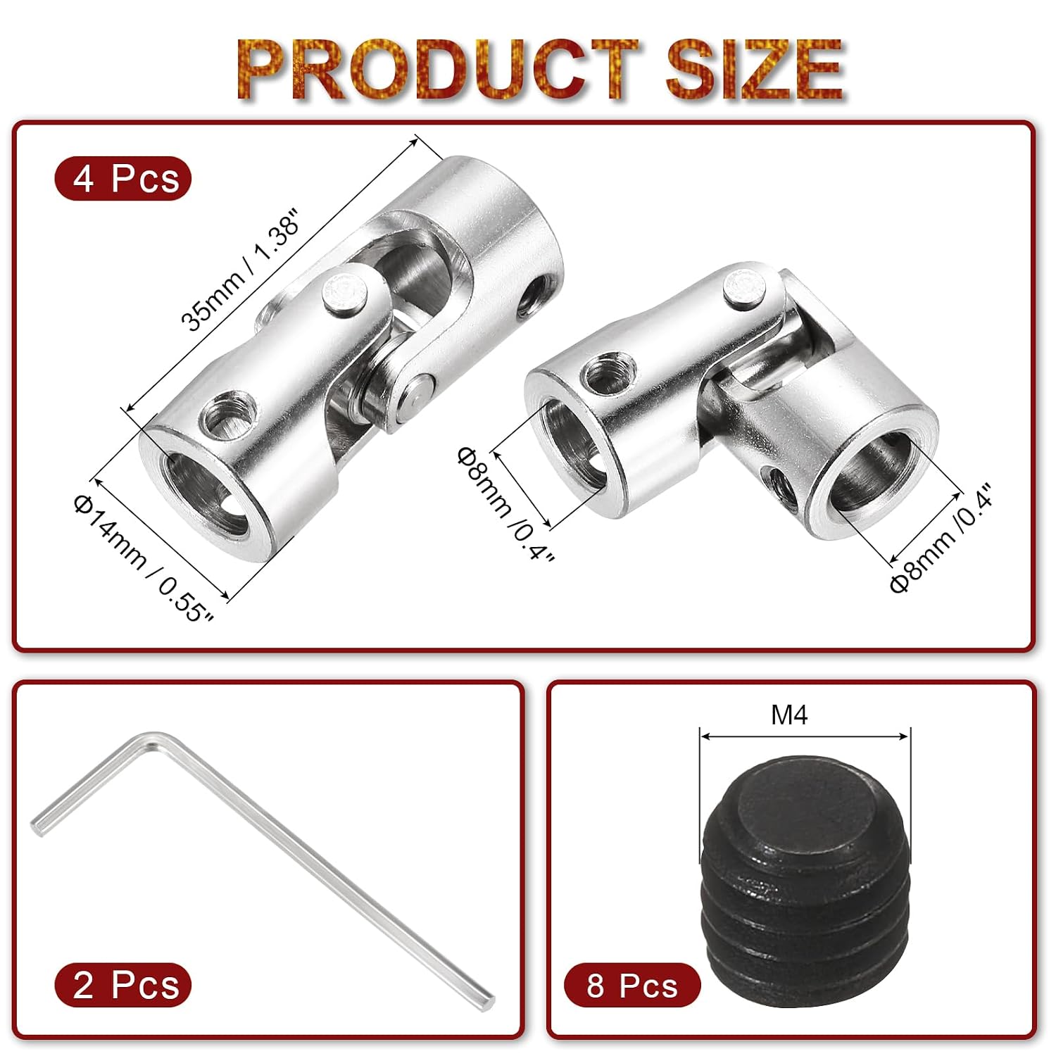 MECCANIXITY 4Pcs 8mm to 8mm ID Steering Universal Joint Shaft Coupling, SAE 1045 Steel 45°Degree Rotatable Joints Coupler with Screws Wrench Set for Model Car Ship Drive Shaft Motor