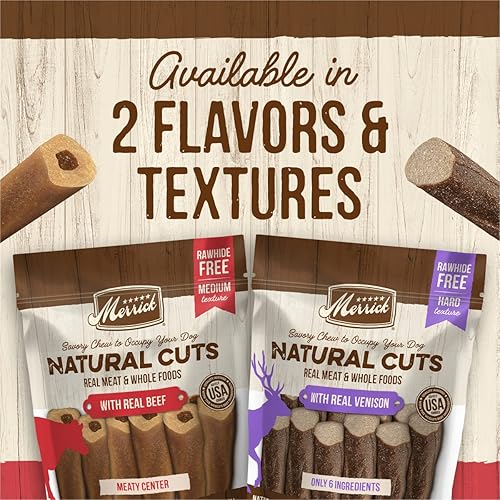 Miniatura 8 de Merrick Natural Cuts - Golosinas masticables para perros sin cuero crudo, hechas con carne real y alimentos integrales, venado, 4 unidades (paquete