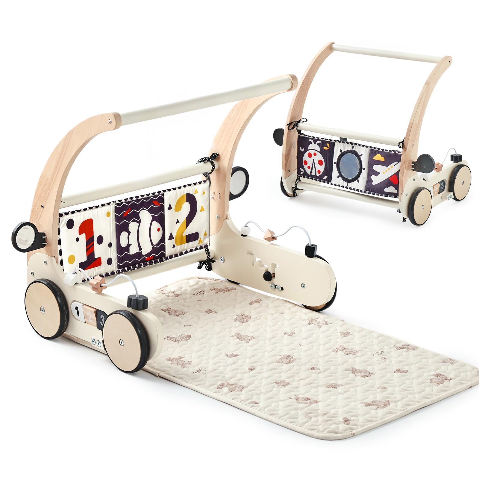 OESSUF Wooden Activity Baby Walker with Play Blanket, Speed Adjustable Baby Walker Baby Cotton Washable Non-Slip Crawling Blanket Montessori Toy for Newborns from 0+ Months