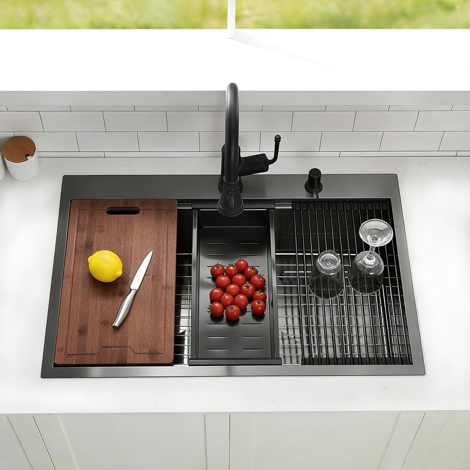 33 Inch Black Kitchen Sink Drop in - 33"x22" Topmount Ledge Workstation Sink 9 Inch Deep 16 Gauge Stainless Steel Single Bowl Sink with Accessories