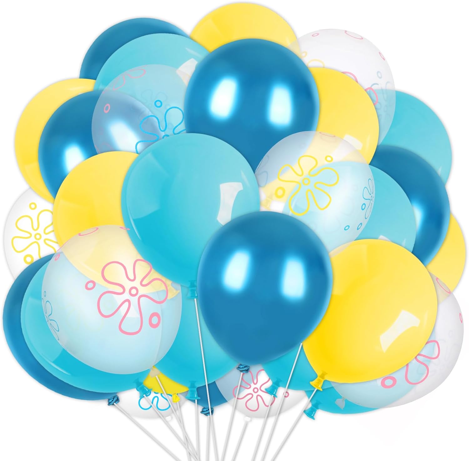 FYSUIMU 60Pcs Summer Ocean Themed Party Cartoon Sponge Party Balloon Bikini Flower Bubble Printed Latex Balloon Teal Blue Yellow Clear Balloons for Birthday Baby Shower Party Decor, 12 in