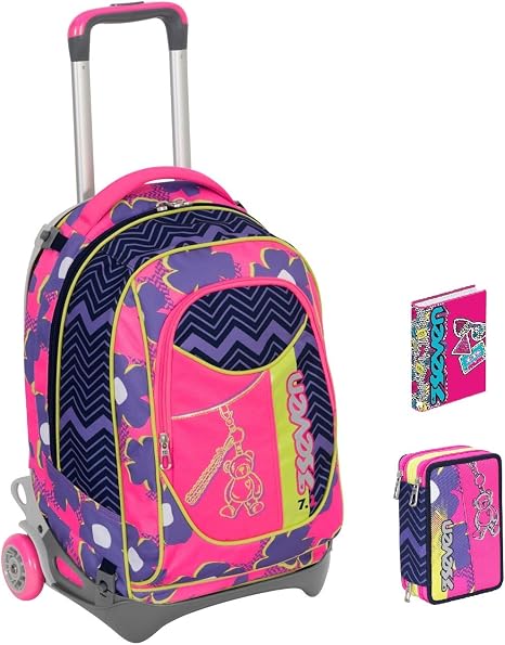 Seven TROLLEY NEW JACK + DIARIO + ASTUCCIO - SUNFLOWER - Rosa Viola -  SGANCIABILE e LAVABILE - Scuola e viaggio : Valigeria