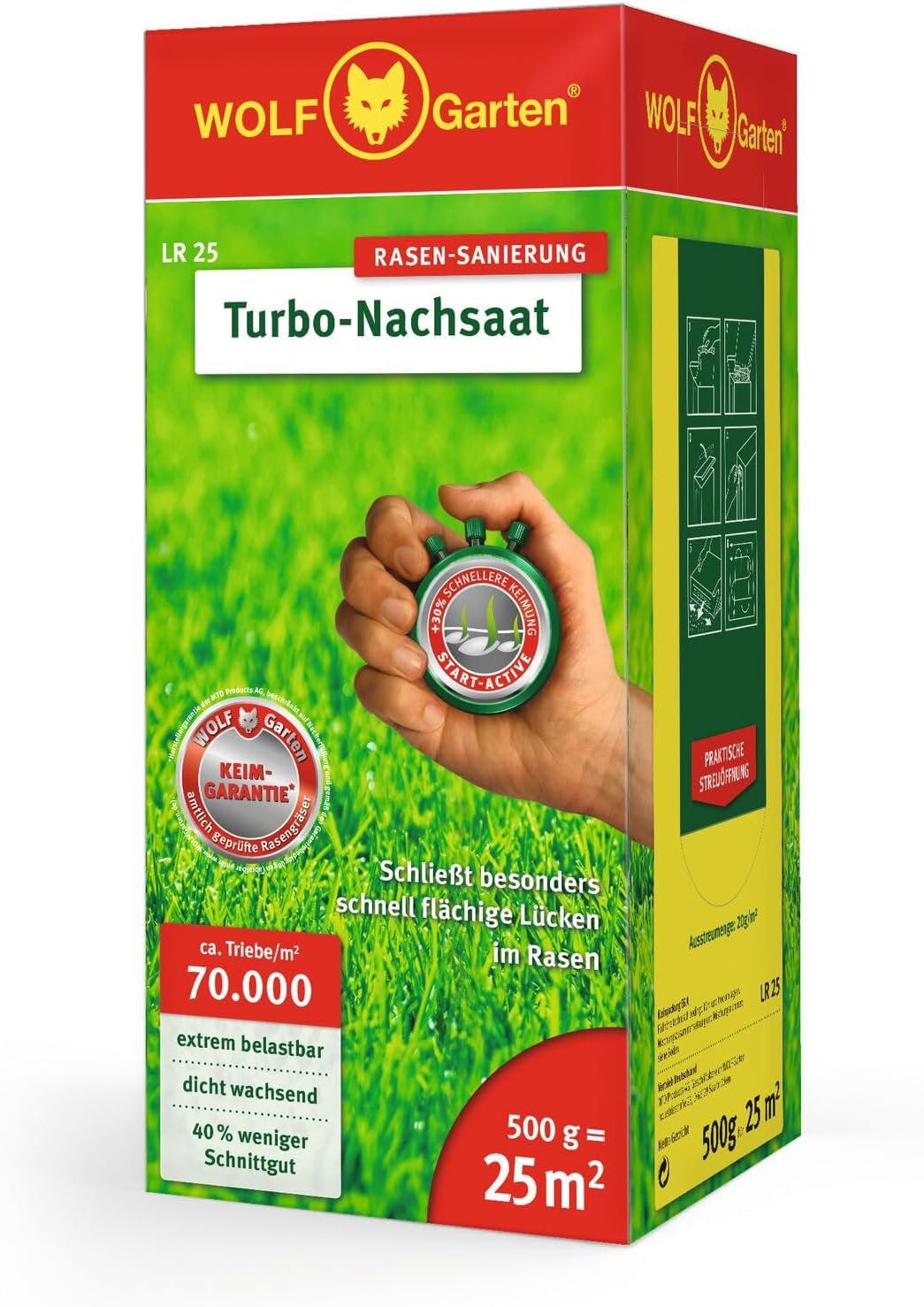 WOLF-Garten Turbo-Nachsaat zur Rasensanierung LR25 (für 25 m², hohe Dichte mit ca. 70.000 Trieben/m², für alle Rasentypen geeignet, mit WOLF-Garten Keimgarantie, 500g in Faltschachtel) 3826020