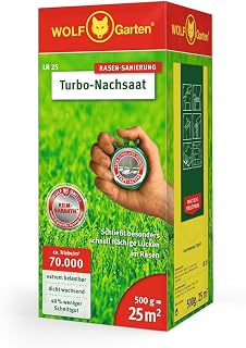 WOLF-Garten Turbo-Nachsaat zur Rasensanierung LR25 (für 25 m², hohe Dichte mit ca. 70.000 Trieben/m², für alle Rasentypen geeignet, mit WOLF-Garten Keimgarantie, 500g in Faltschachtel) 3826020