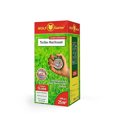 WOLF-Garten Turbo-Nachsaat zur Rasensanierung LR25 (für 25 m², hohe Dichte mit ca. 70.000 Trieben/m², für alle Rasentypen geeignet, mit WOLF-Garten Keimgarantie, 500g in Faltschachtel) 3826020