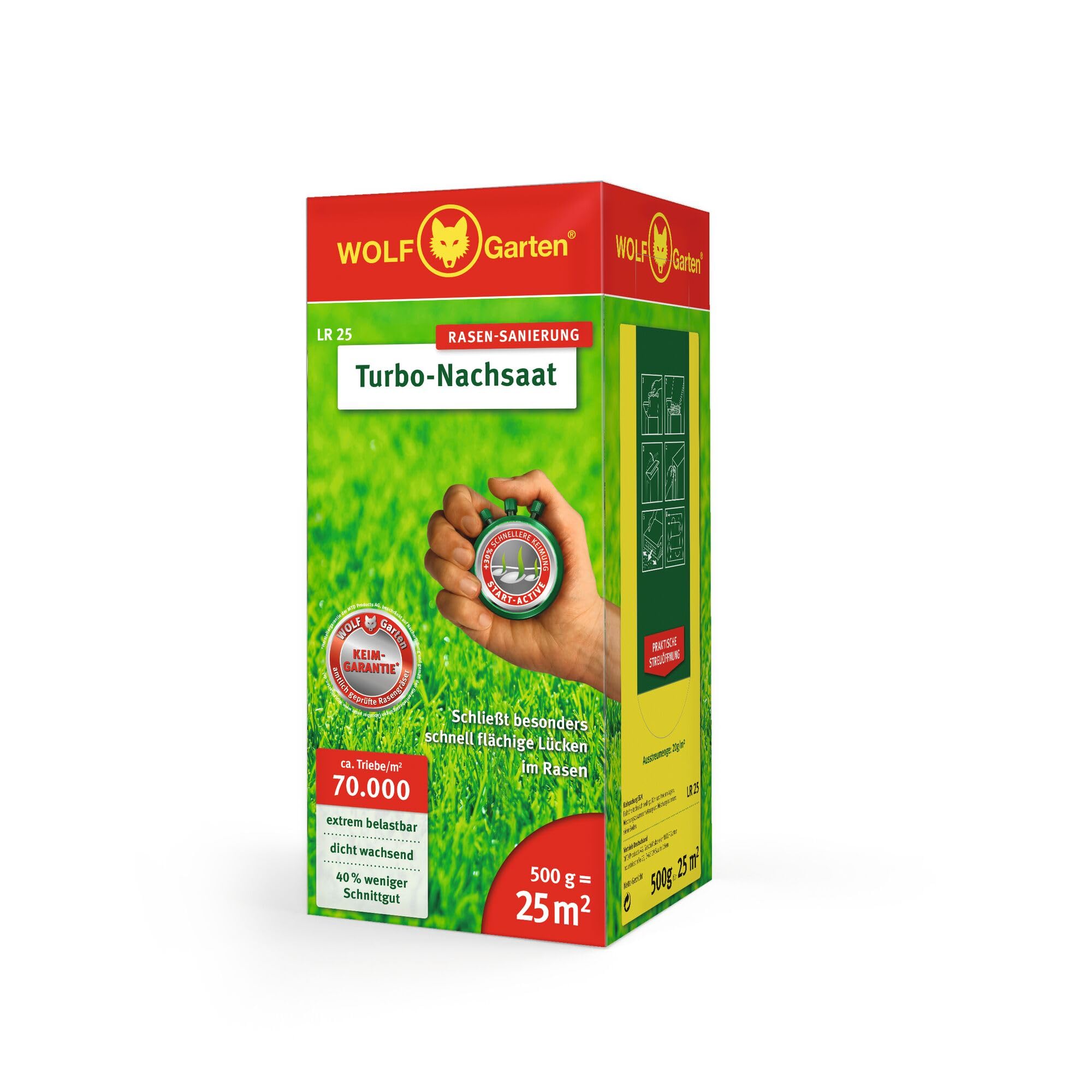 WOLF-Garten Turbo-Nachsaat zur Rasensanierung LR25 (für 25 m², hohe Dichte mit ca. 70.000 Trieben/m², für alle Rasentypen geeignet, mit WOLF-Garten Keimgarantie, 500g in Faltschachtel) 3826020
