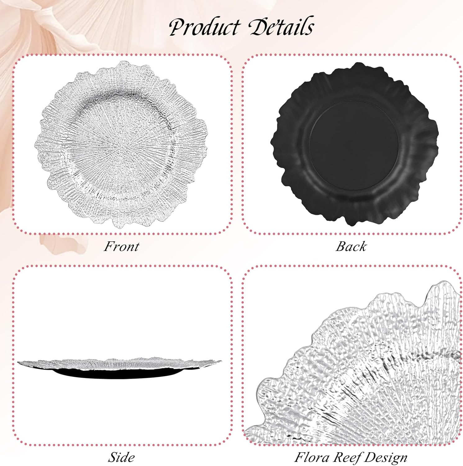 50 Pack Silver Charger Plates Bulk, 13" Plastic Reef Chargers for Dinner Plates, Round Charger Plate with Floral Reef Design for Dinner Wedding Party Table Setting Decoration